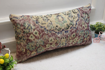 Floral Turkish Rug Pillow: Handmade Organic Wool Lumbar Cover (12x24 inch)