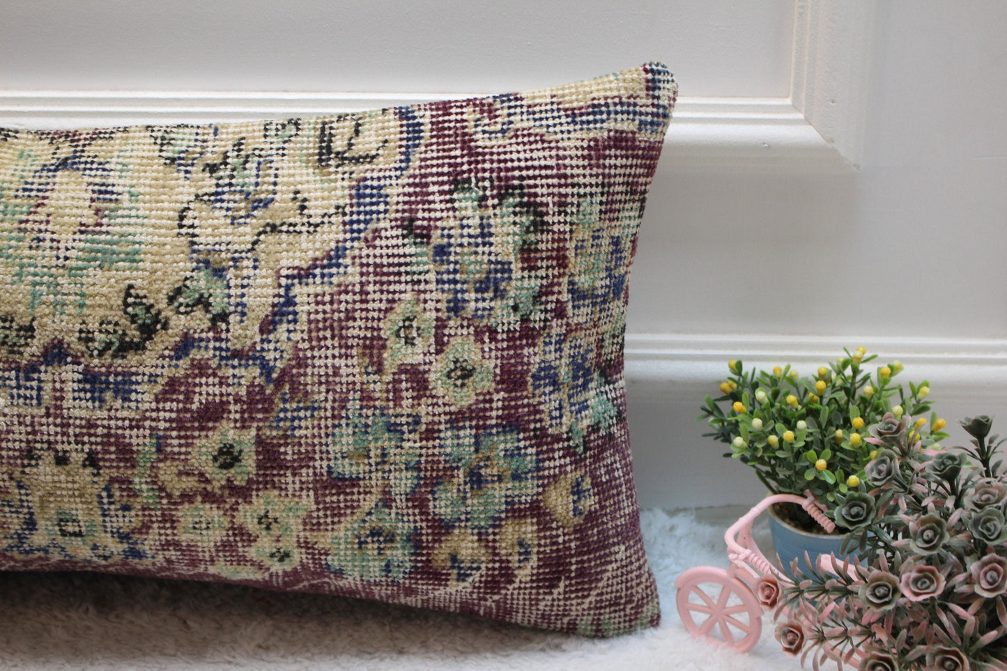 Floral Turkish Rug Pillow: Handmade Organic Wool Lumbar Cover (12x24 inch)