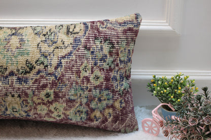 Floral Turkish Rug Pillow: Handmade Organic Wool Lumbar Cover (12x24 inch)