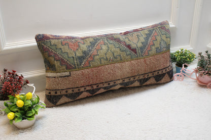 Handmade Turkish Rug Pillow: Patchwork Organic Wool Lumbar Cushion (12x36 in)