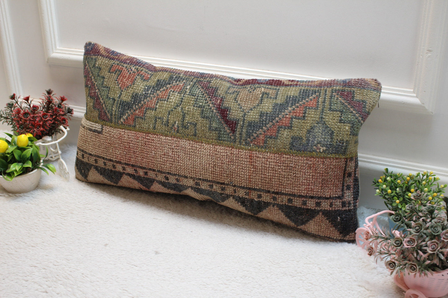 Handmade Turkish Rug Pillow: Patchwork Organic Wool Lumbar Cushion (12x36 in)