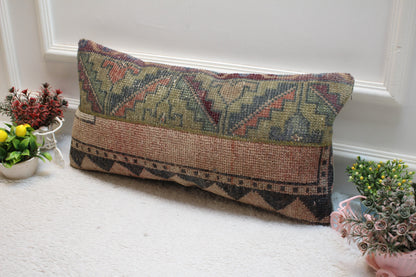Handmade Turkish Rug Pillow: Patchwork Organic Wool Lumbar Cushion (12x36 in)