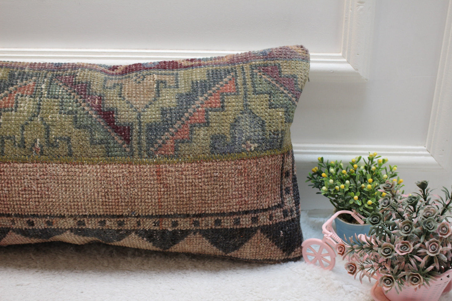 Handmade Turkish Rug Pillow: Patchwork Organic Wool Lumbar Cushion (12x36 in)