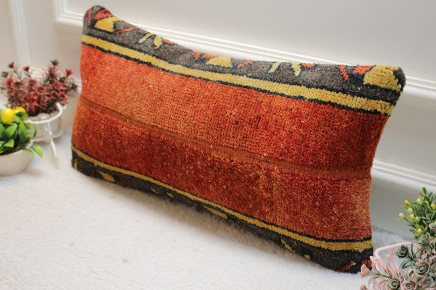 Handmade Red Turkish Rug Lumbar Pillow Cover: Organic Wool, 12x24 in