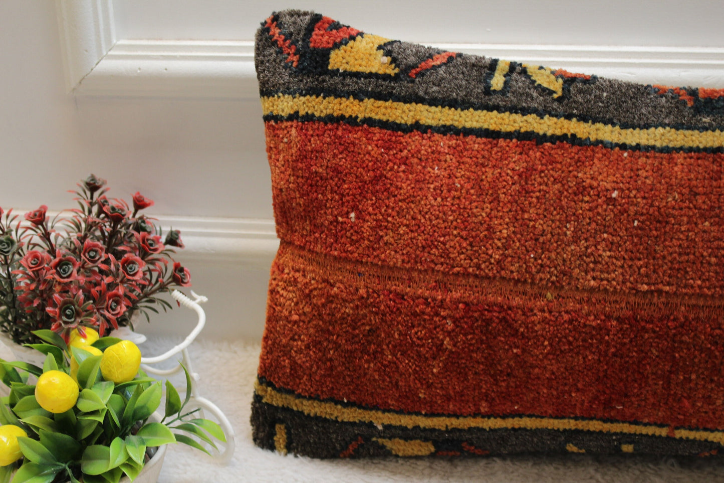 Handmade Red Turkish Rug Lumbar Pillow Cover: Organic Wool, 12x24 in