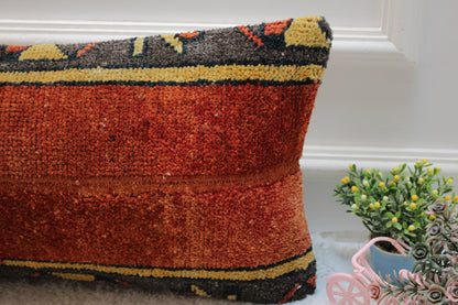 Handmade Red Turkish Rug Lumbar Pillow Cover: Organic Wool, 12x24 in