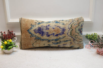 Floral Kilim Lumbar Pillow Cover: 12x24 inch, Upcycled Wool Rug