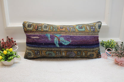 Purple Turkish Rug Lumbar Pillow Cover: Vintage Wool, 12x24 inch
