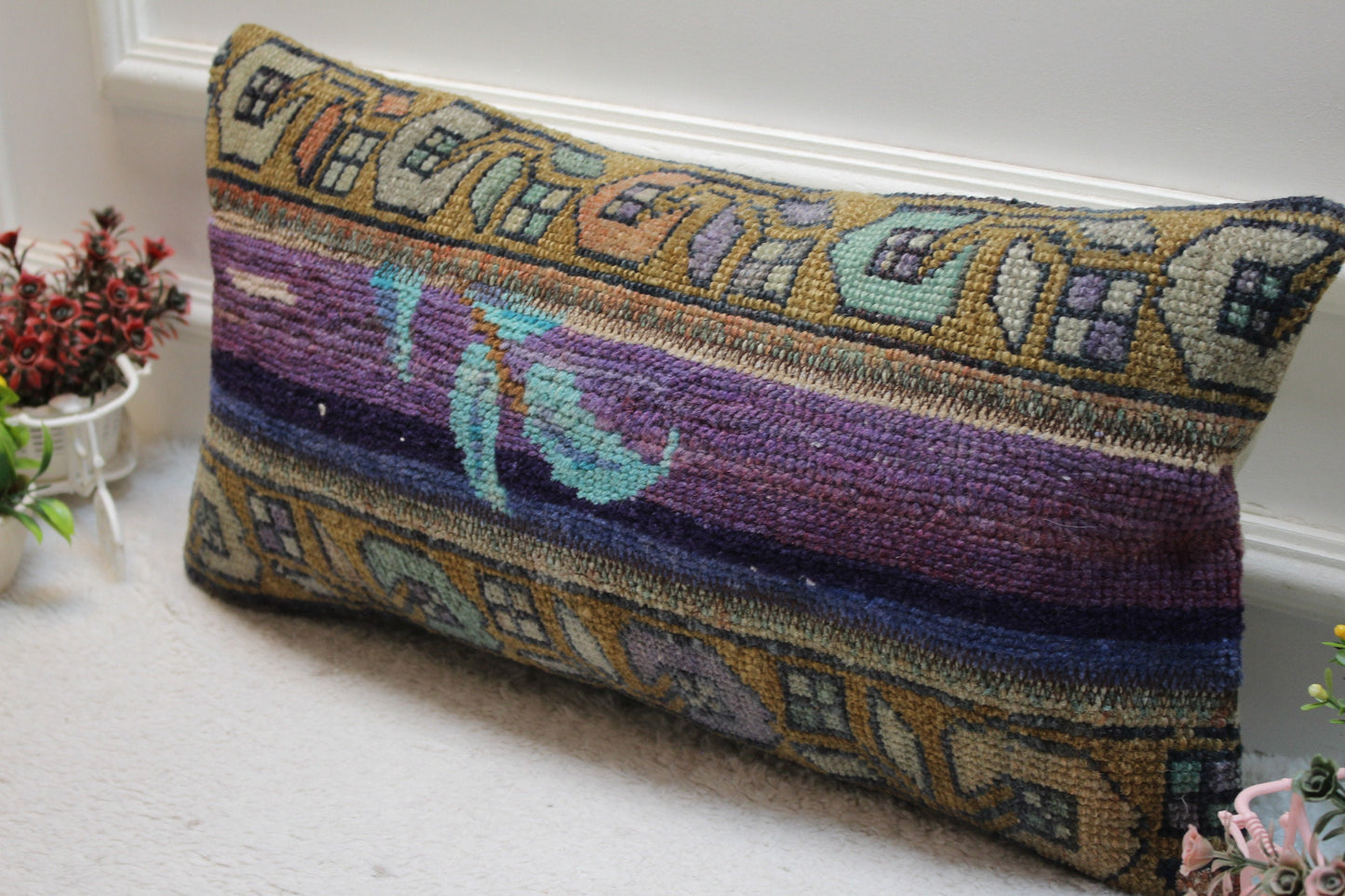 Purple Turkish Rug Lumbar Pillow Cover: Vintage Wool, 12x24 inch
