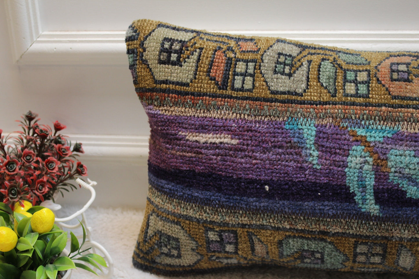 Purple Turkish Rug Lumbar Pillow Cover: Vintage Wool, 12x24 inch