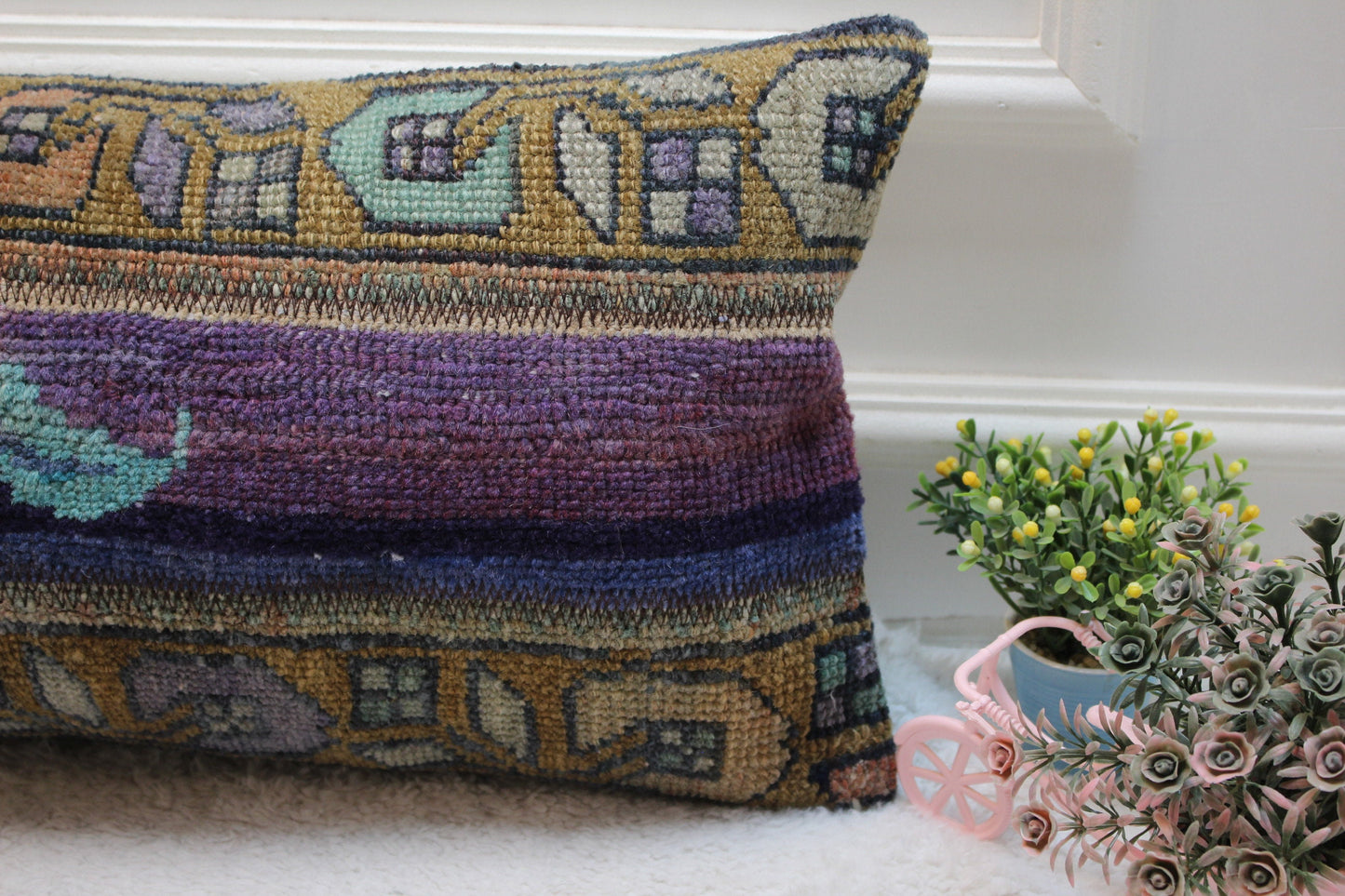 Purple Turkish Rug Lumbar Pillow Cover: Vintage Wool, 12x24 inch