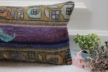Purple Turkish Rug Lumbar Pillow Cover: Vintage Wool, 12x24 inch