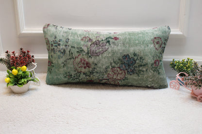 Green Floral Turkish Rug Pillow Cover: Vintage Wool Lumbar Pillow 12x24