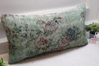 Green Floral Turkish Rug Pillow Cover: Vintage Wool Lumbar Pillow 12x24
