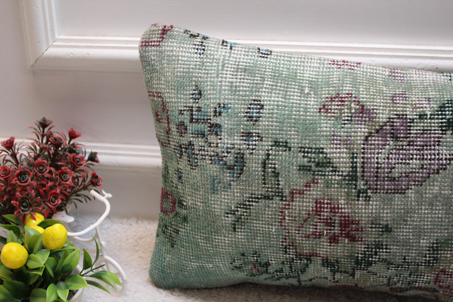 Green Floral Turkish Rug Pillow Cover: Vintage Wool Lumbar Pillow 12x24
