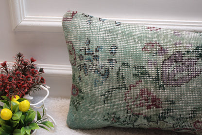 Green Floral Turkish Rug Pillow Cover: Vintage Wool Lumbar Pillow 12x24