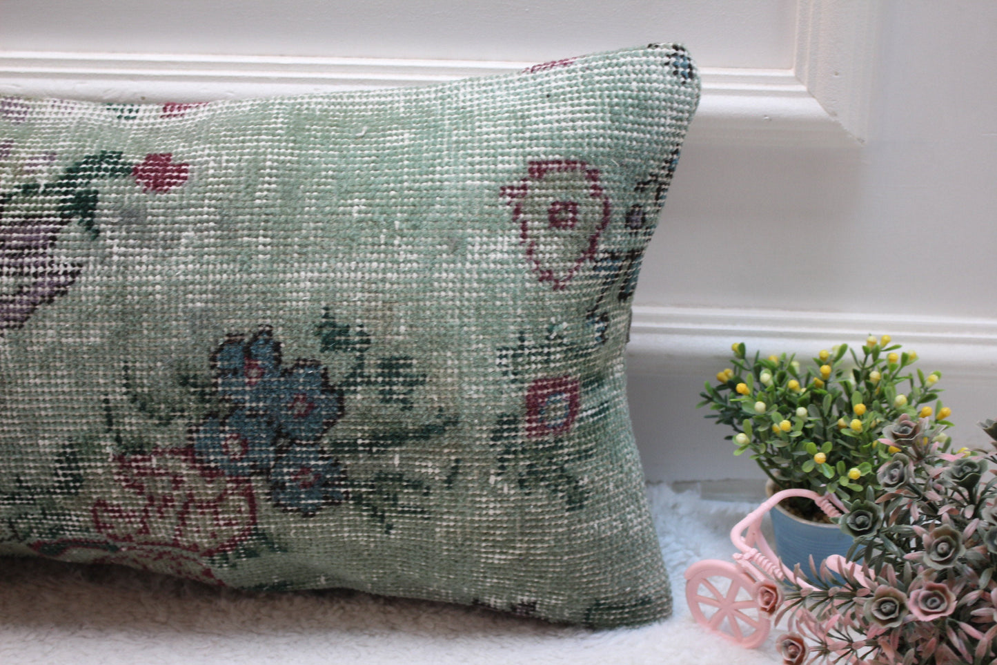 Green Floral Turkish Rug Pillow Cover: Vintage Wool Lumbar Pillow 12x24