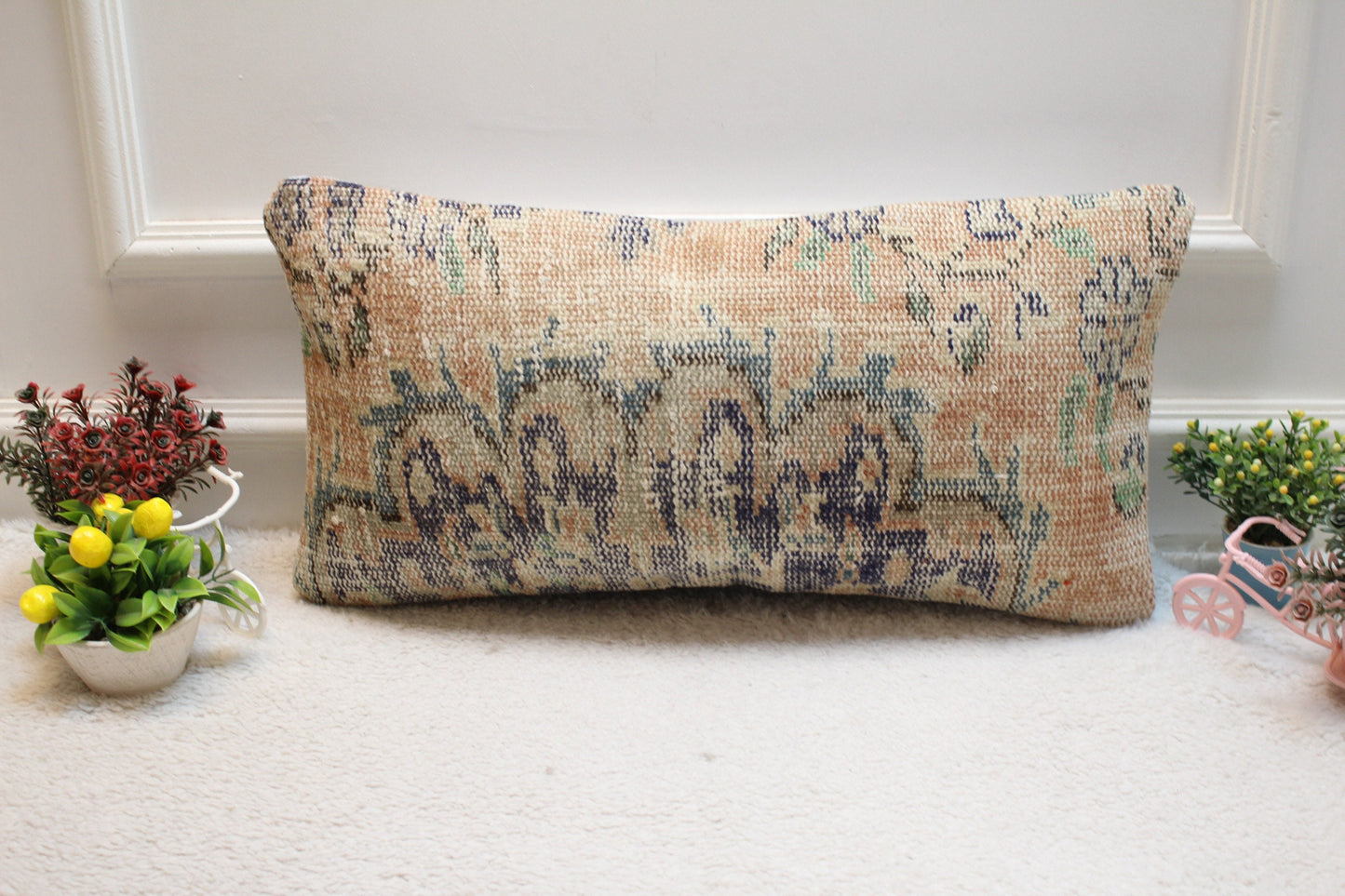 Vintage Turkish Rug Lumbar Pillow Cover: Orange Wool Pillowcase (12x24 in)