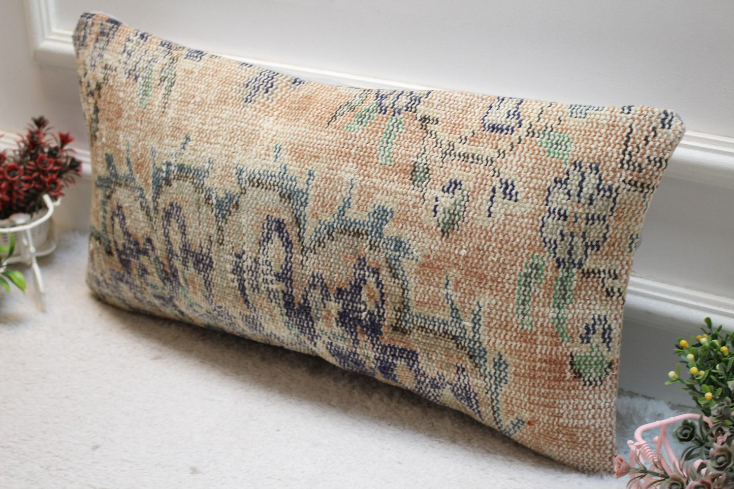 Vintage Turkish Rug Lumbar Pillow Cover: Orange Wool Pillowcase (12x24 in)