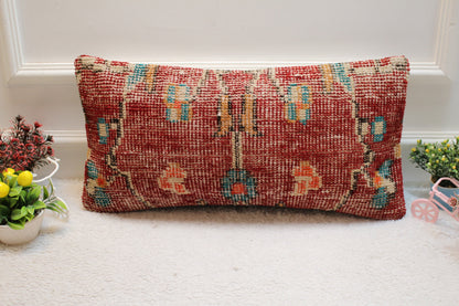 Red Vintage Turkish Rug Lumbar Pillow Cover: 12x24 inc Organic Wool
