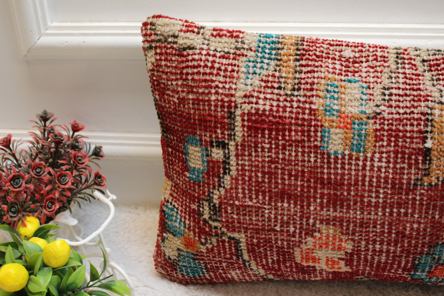 Red Vintage Turkish Rug Lumbar Pillow Cover: 12x24 inc Organic Wool