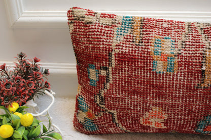 Red Vintage Turkish Rug Lumbar Pillow Cover: 12x24 inc Organic Wool