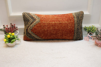 Vintage Turkish Rug Pillow Cover: Red Brown Organic Wool, 12x24 inch