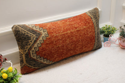 Vintage Turkish Rug Pillow Cover: Red Brown Organic Wool, 12x24 inch