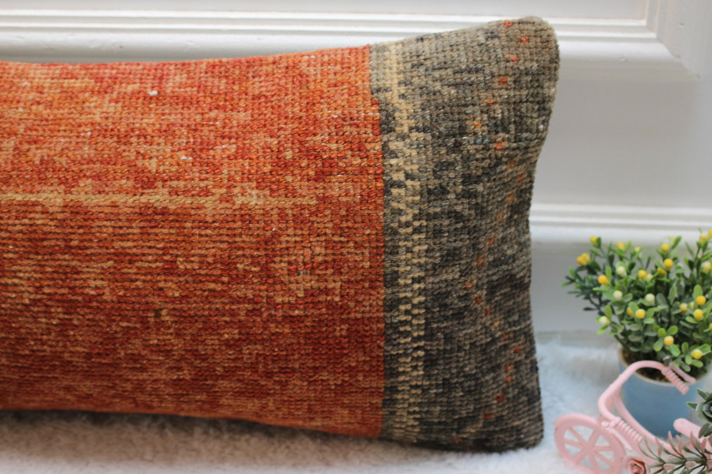 Vintage Turkish Rug Pillow Cover: Red Brown Organic Wool, 12x24 inch