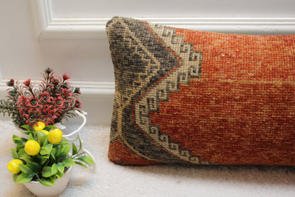 Vintage Turkish Rug Pillow Cover: Red Brown Organic Wool, 12x24 inch