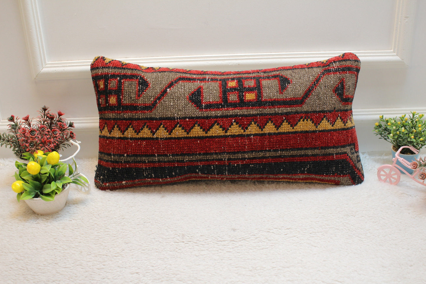 Red Gray Turkish Rug Pillow Cover: Vintage Wool Lumbar Pillow 12x24