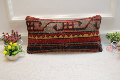 Red Gray Turkish Rug Pillow Cover: Vintage Wool Lumbar Pillow 12x24