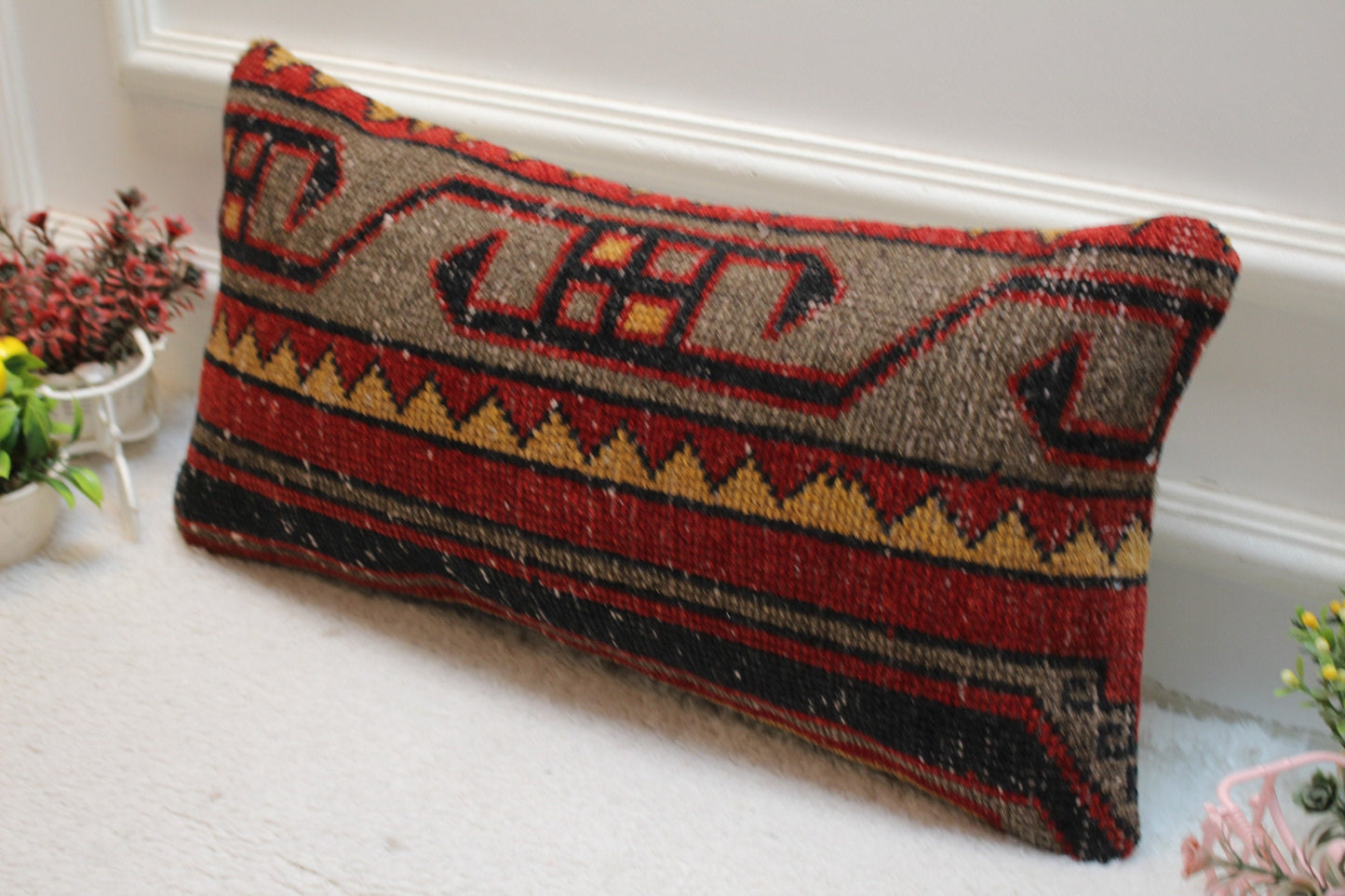 Red Gray Turkish Rug Pillow Cover: Vintage Wool Lumbar Pillow 12x24