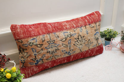 Red Anatolian Rug Pillow: Vintage Turkish Wool Lumbar Cushion (12x24 in)