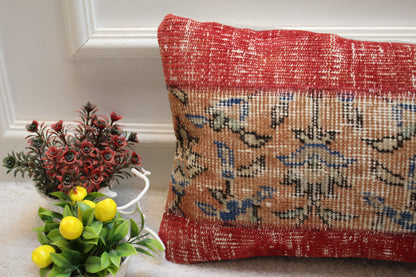 Red Anatolian Rug Pillow: Vintage Turkish Wool Lumbar Cushion (12x24 in)