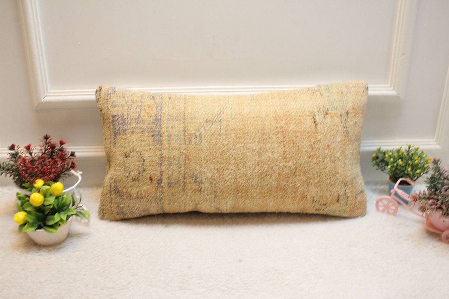 Beige Vintage Turkish Rug Lumbar Pillow Cover: Organic Wool, 12x24 in