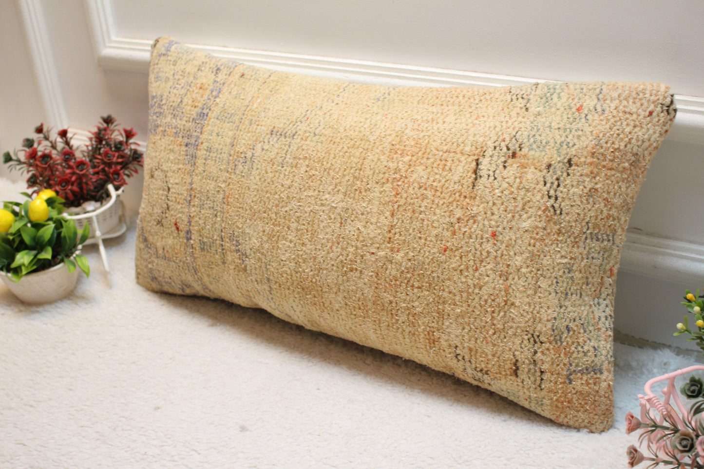 Beige Vintage Turkish Rug Lumbar Pillow Cover: Organic Wool, 12x24 in