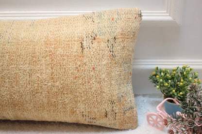 Beige Vintage Turkish Rug Lumbar Pillow Cover: Organic Wool, 12x24 in