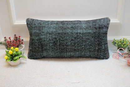 Handmade Green and Black Kilim Lumbar Pillow Cover: Upcycled Wool (12x24 inc)