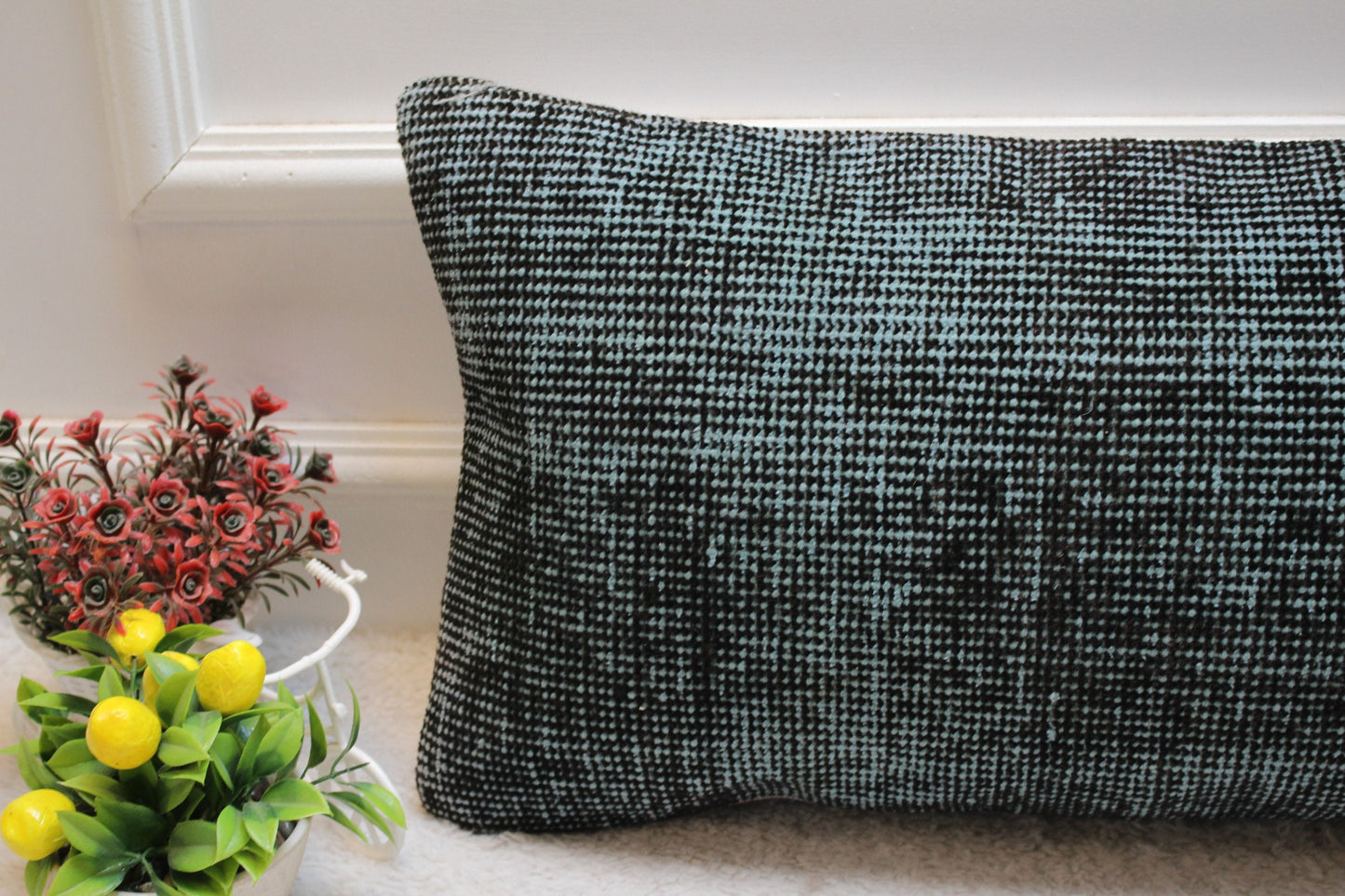 Handmade Green and Black Kilim Lumbar Pillow Cover: Upcycled Wool (12x24 inc)