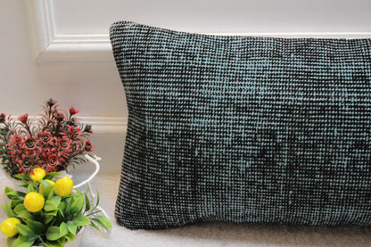 Handmade Green and Black Kilim Lumbar Pillow Cover: Upcycled Wool (12x24 inc)
