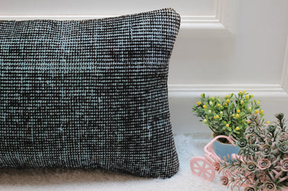 Handmade Green and Black Kilim Lumbar Pillow Cover: Upcycled Wool (12x24 inc)