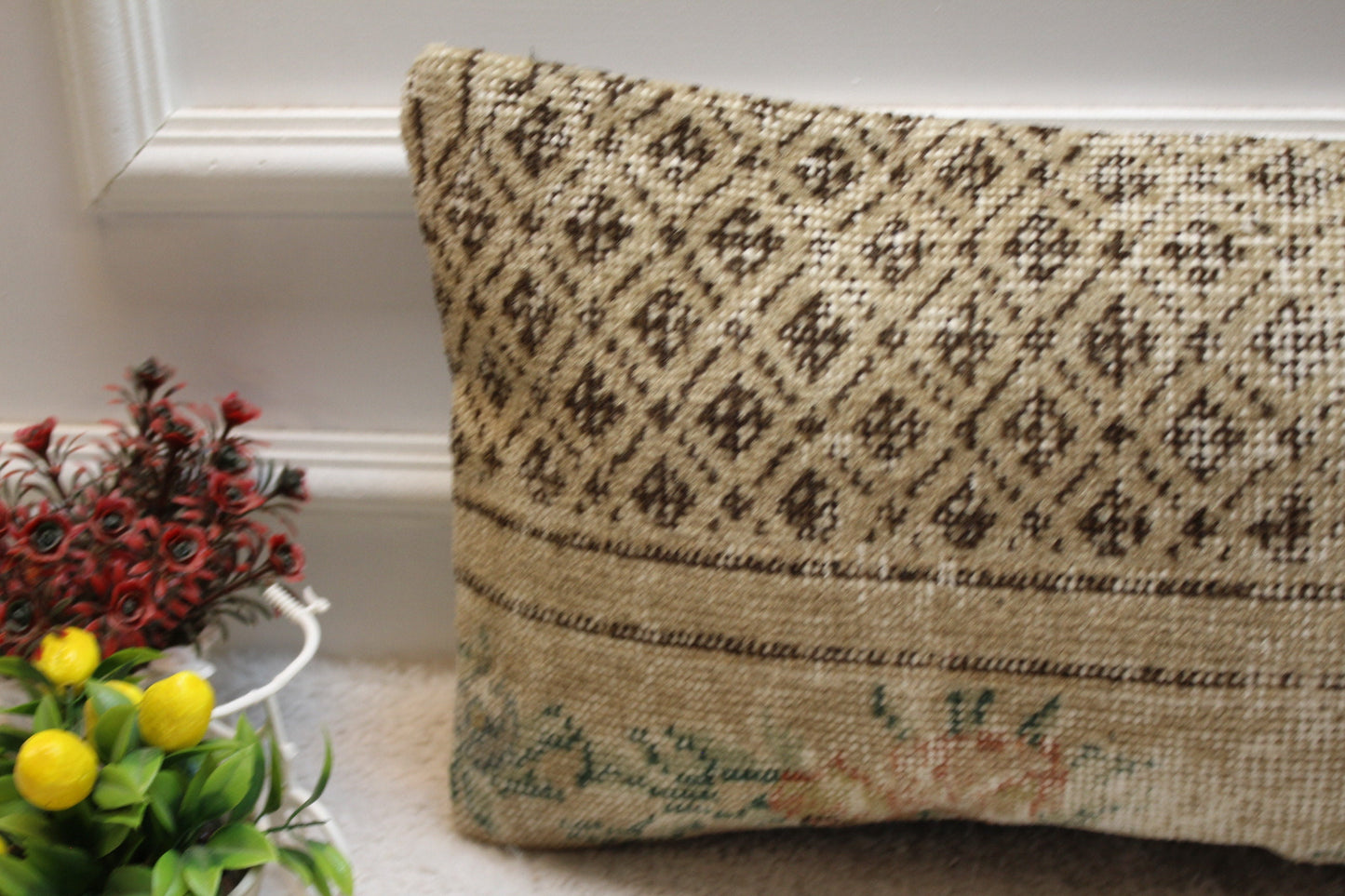 Beige Vintage Turkish Rug Pillow Cover: 12x24 Lumbar Pillow