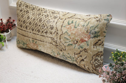 Beige Vintage Turkish Rug Pillow Cover: 12x24 Lumbar Pillow