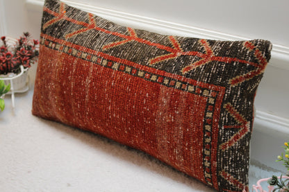 Handmade Turkish Lumbar Pillow Cover: Organic Wool Kilim, 12x24 inch