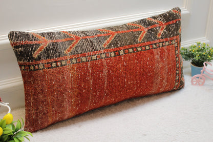 Handmade Turkish Lumbar Pillow Cover: Organic Wool Kilim, 12x24 inch