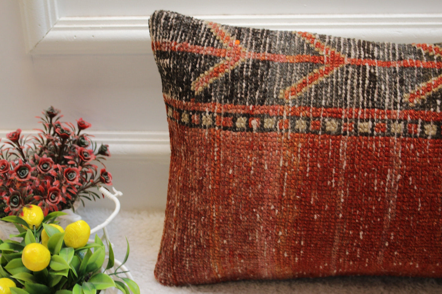 Handmade Turkish Lumbar Pillow Cover: Organic Wool Kilim, 12x24 inch