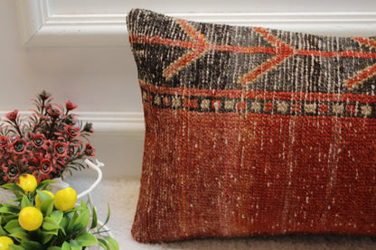 Handmade Turkish Lumbar Pillow Cover: Organic Wool Kilim, 12x24 inch