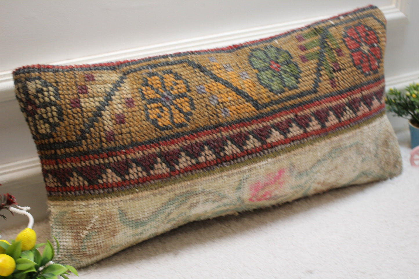Handmade Turkish Rug Pillow Cover: Patchwork Wool Lumbar Cushion (12x24 in)