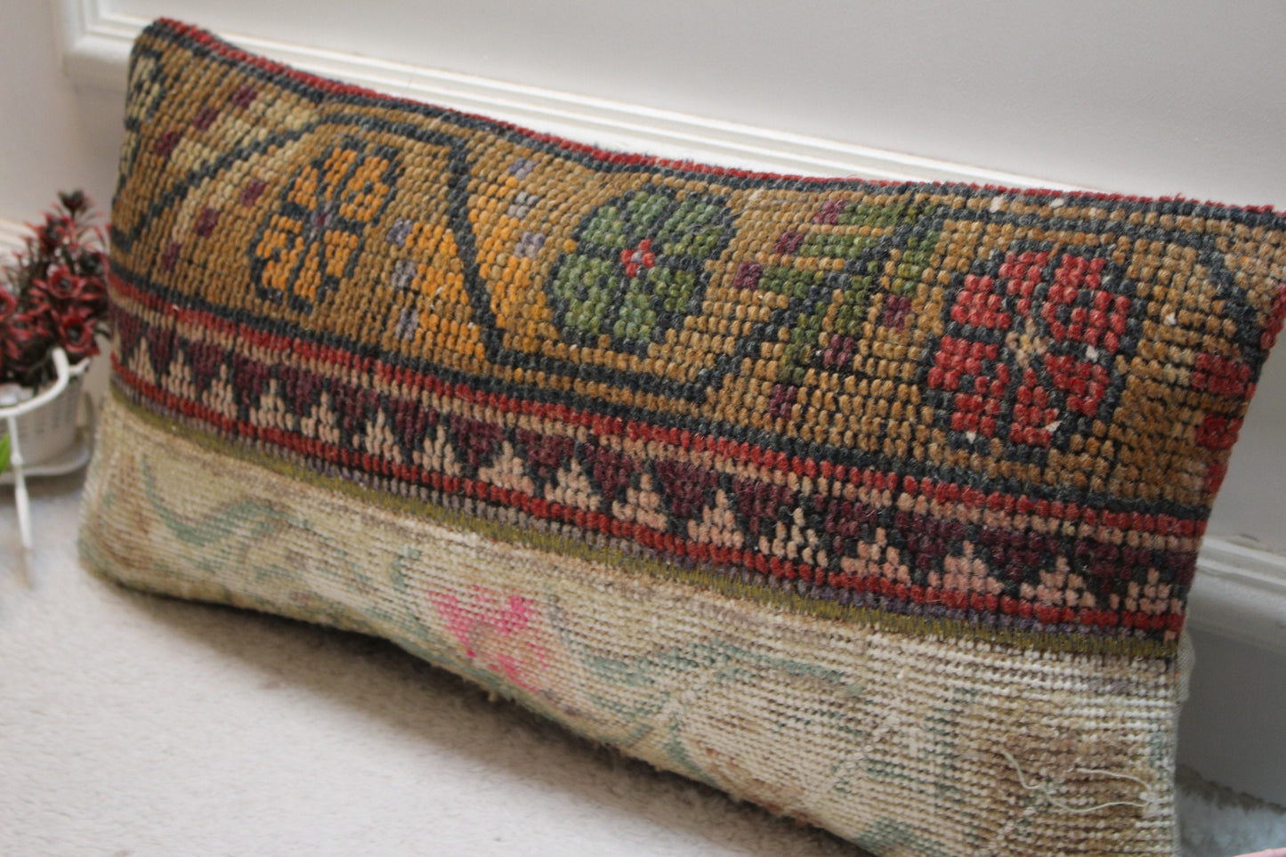 Handmade Turkish Rug Pillow Cover: Patchwork Wool Lumbar Cushion (12x24 in)